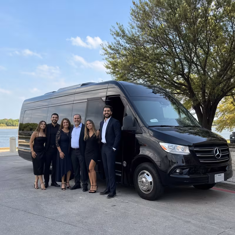 Group beside a Mercedes Sprinter limo from the Dallas fleet