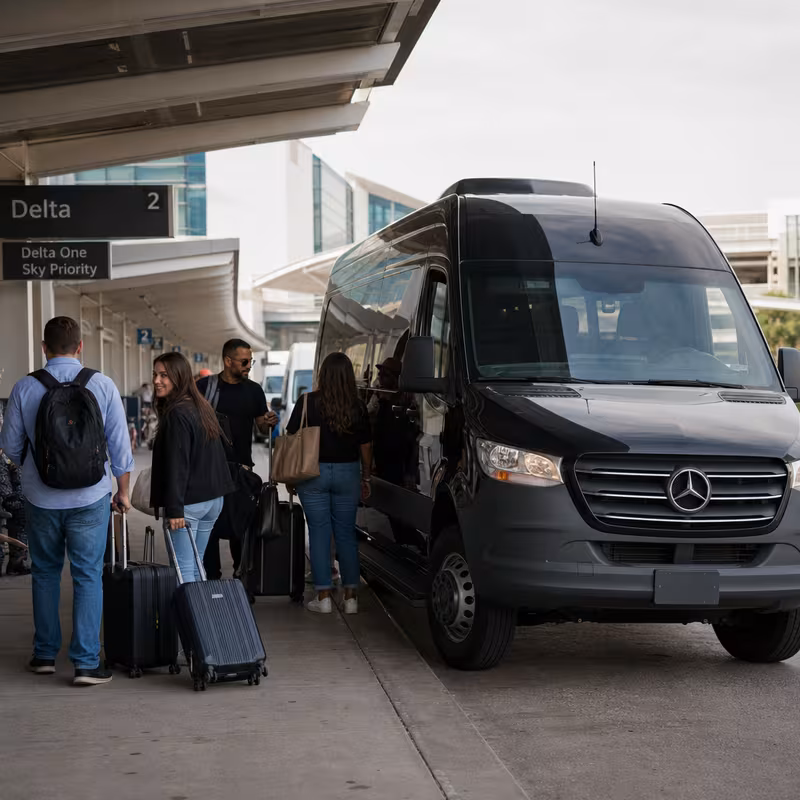 Group boarding a white charter bus for Airport Transportation transportation in Dallas