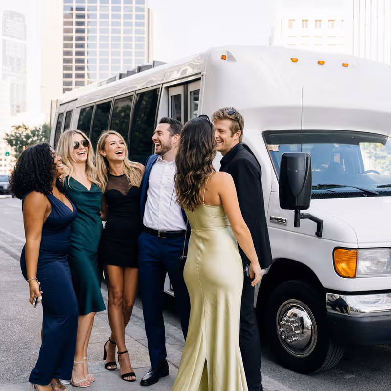 Black Mercedes Sprinter van staged for an Dallas Bachelor & Bachelorette Transportation group
