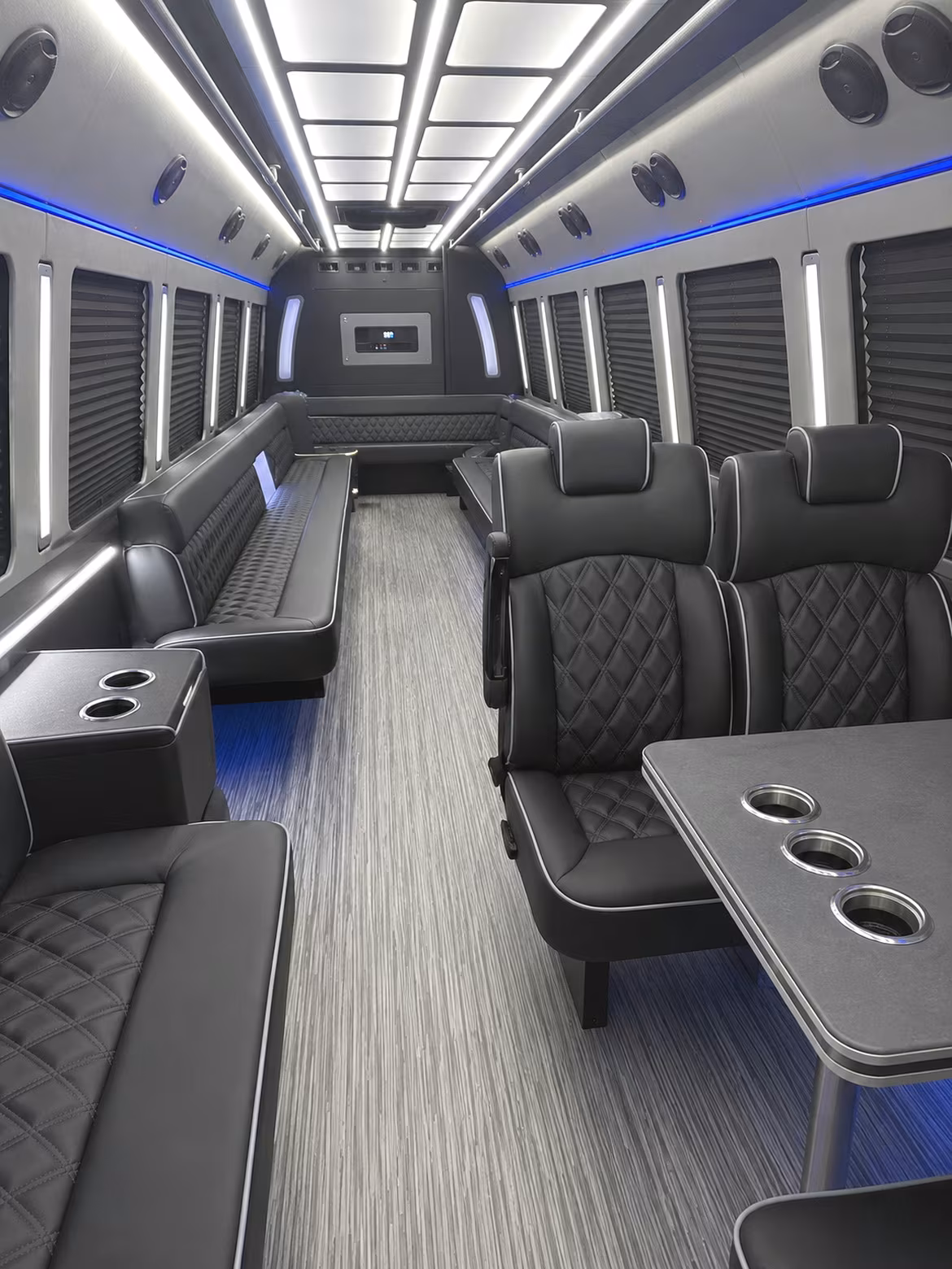 Interior of a party bus rental serving Dallas