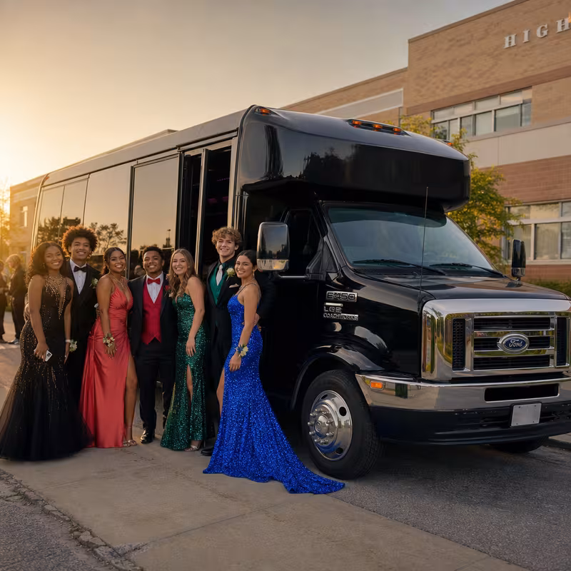 Group boarding a white charter bus for Prom & Homecoming Transportation transportation in Dallas