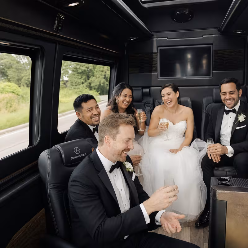 Black Mercedes Sprinter van staged for an Dallas Wedding Transportation group
